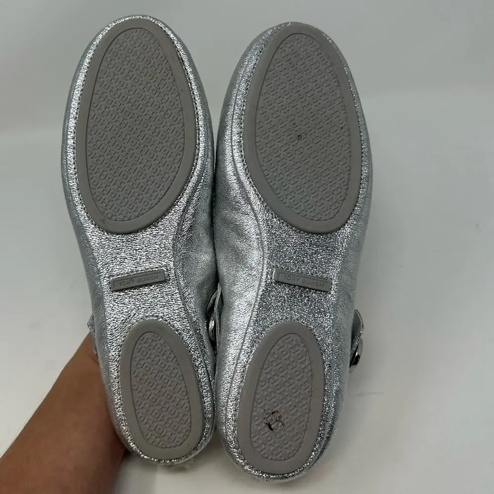 TORY BURCH Minnie Crystal Embellished Two Way Ballet Flat Silver Size 7.5